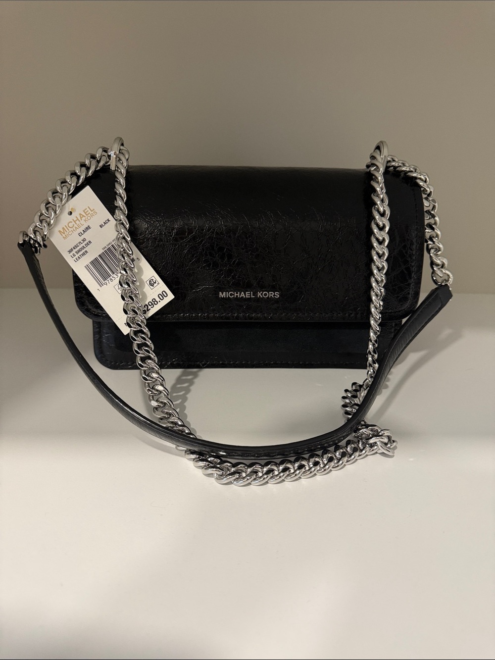Michael Kors Black Leather Crossbody with Silver Chain Strap